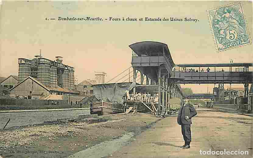 Postales: France - 54 - Dombasle sur Meurthe - Fours &agrave; chaux et Estacade des Usines Solvay - Anim&eacute;e - Bateaux