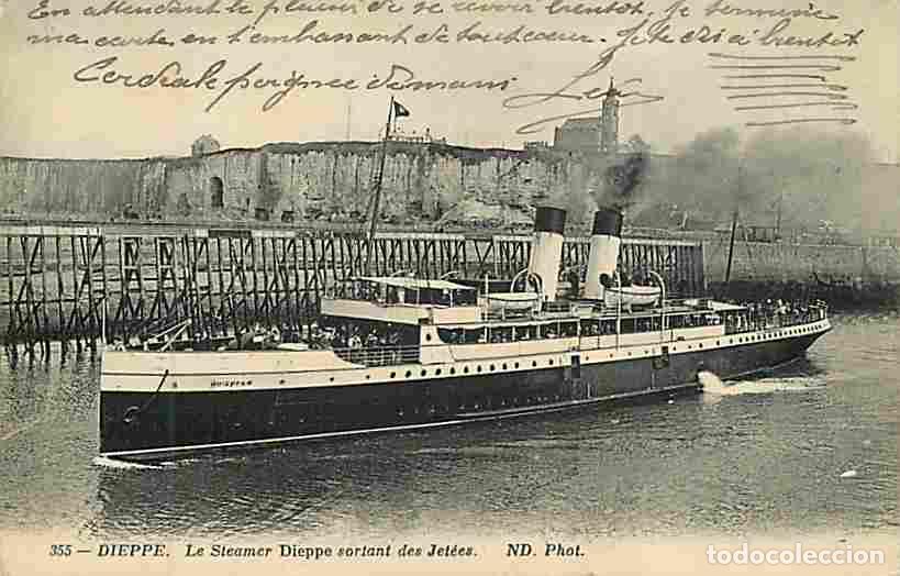 Cartoline: France - 76 - Dieppe - Le Steamer Dieppe sortant des Jet&eacute;es - Anim&eacute;e - Bateau - CPA - Voir Scans Rec