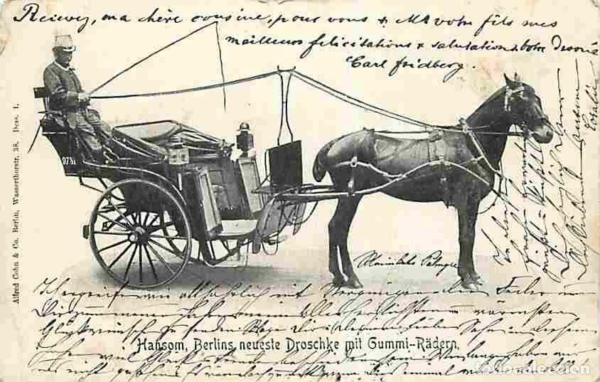 Postales: Allemagne - Hansom Berlins neureste Droschke mit Gummi-Radern - Anim&eacute;e - Chevaux - Cal&egrave;che - Pr&eacute;curs