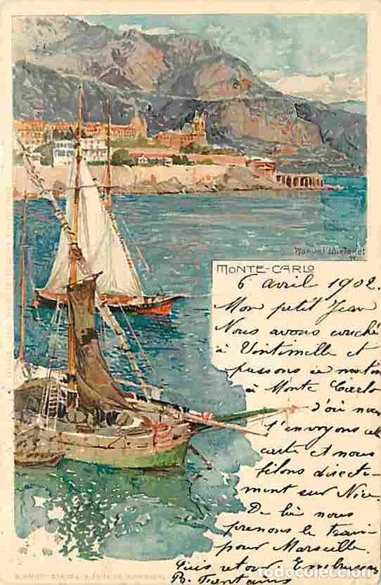 Postais: Monaco - Monte Carlo - Dessin - Coloris&eacute;e - Pr&eacute;curseur - CPA - Oblit&eacute;ration ronde de 1903 - Etat pli