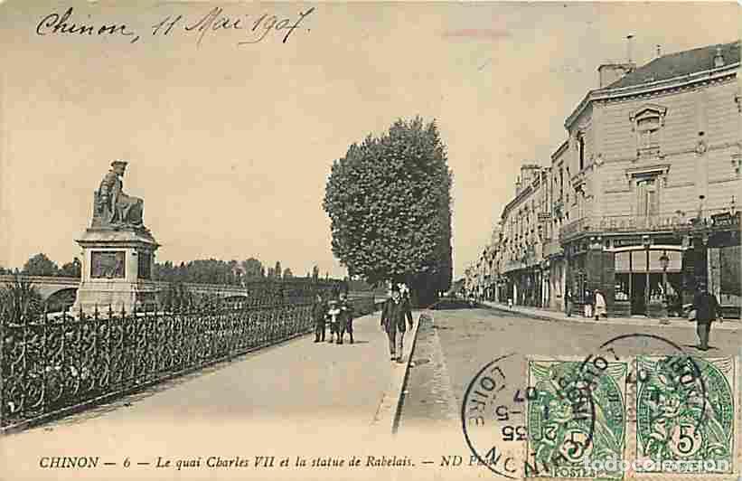 Postkarten: France - 37 - Chinon - Le Quai Charles VII et la Statue de Rabelais - Anim&eacute;e - Correspondance - Obli