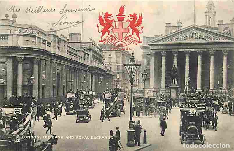 Cartoline: Royaume Uni - London - The Bank and Royal Exchange - Anim&eacute;e - Automobiles - CPA - Voir Scans Recto-V