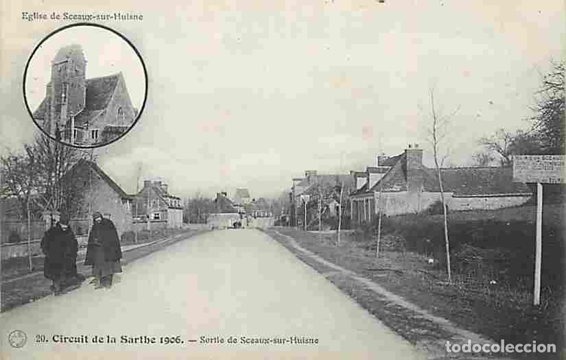 Cartoline: France - 72 - Sceaux sur Huisne - Circuit de la Sarthe 1906 - Sortie de Sceaux sur Huisne - Anim&eacute;e -