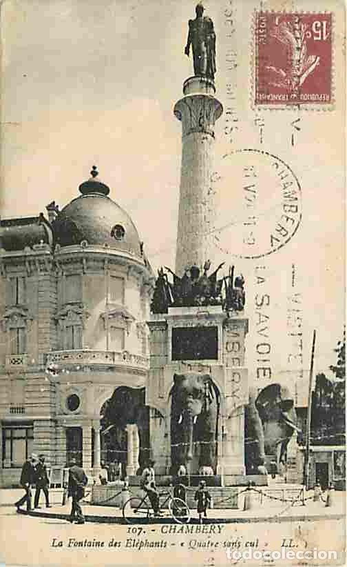 Postkarten: France - 73 - Chamb&eacute;ry - La Fontaine des El&eacute;phants Quatre sans cul - Anim&eacute;e - Voyag&eacute;e en 1927 - Flam