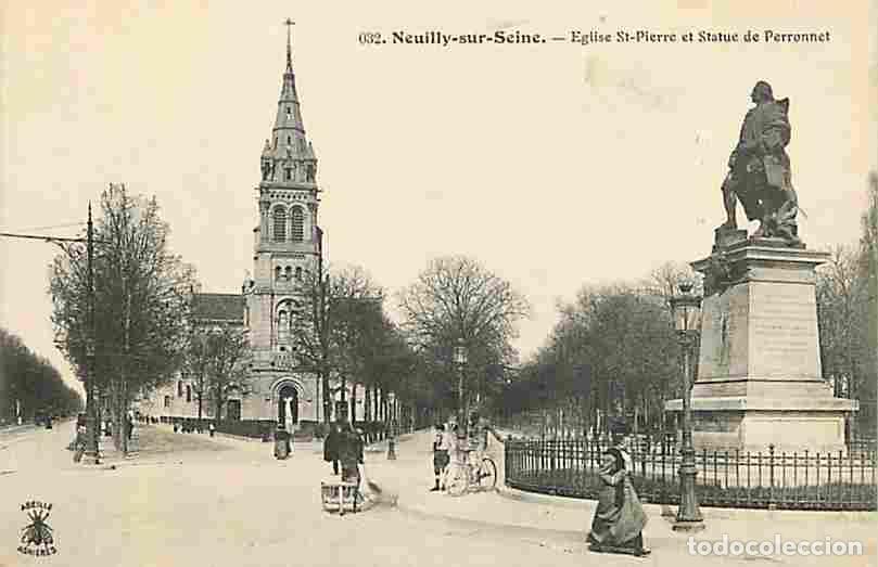 Postales: France - 92 - Neuilly sur Seine - Eglise Saint Pierre et Statue de Perronnet - Anim&eacute;e - Editeur Abei
