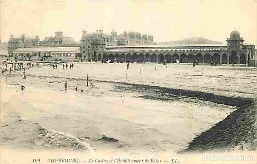 Postales: France - 50 - Cherbourg - Le Casino et l'Etablissement de Bains - Anim&eacute;e - Oblit&eacute;ration ronde de 191