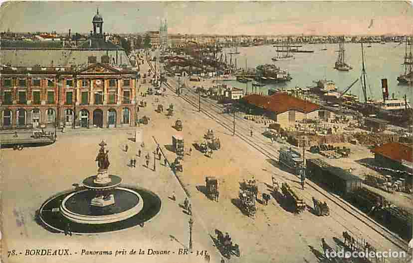 Postkarten: France - 33 - Bordeaux - Panorama pris de la Douane - Anim&eacute;e - Coloris&eacute;e - Tramway - Bateaux - Attel