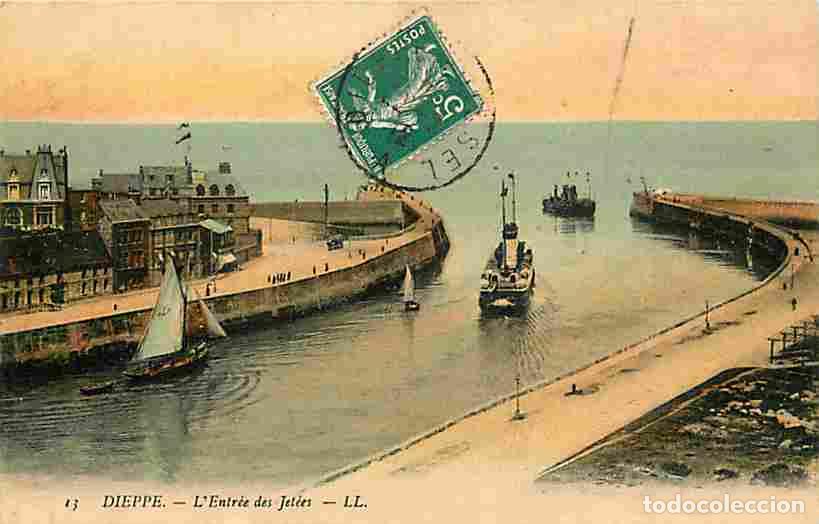 Postales: France - 76 - Dieppe - L'entr&eacute;e des Jet&eacute;es - Anim&eacute;e - Coloris&eacute;e - Bateaux - Oblit&eacute;ration ronde de 19