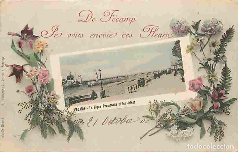 Postais: France - 76 - F&eacute;camp - De F&eacute;camp je vous envoie des fleurs - La Digue Promenade et les Jet&eacute;es - Colo