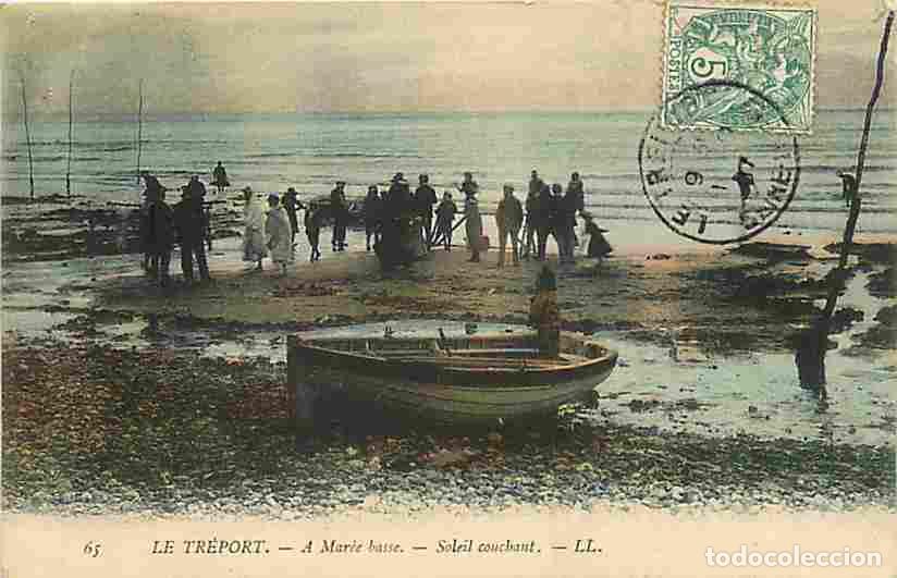 Postais: France - 76 - Le Tr&eacute;port - A Mar&eacute;e basse - Soleil couchant - Anim&eacute;e - Coloris&eacute;e - Oblit&eacute;ration ronde