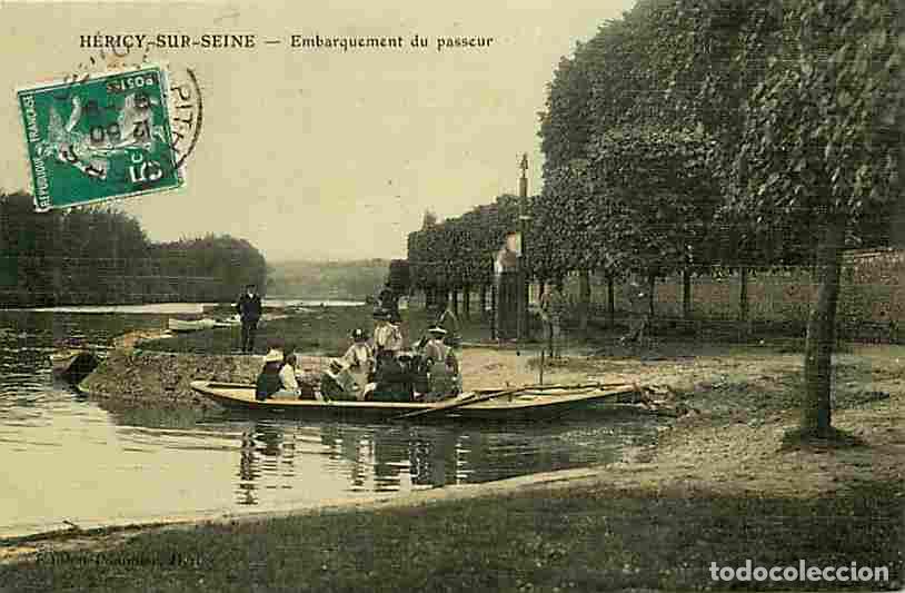 Postales: France - 77 - H&eacute;ricy sur Seine - Embarquement du passeur - Anim&eacute;e - Coloris&eacute;e - Oblit&eacute;ration ronde d