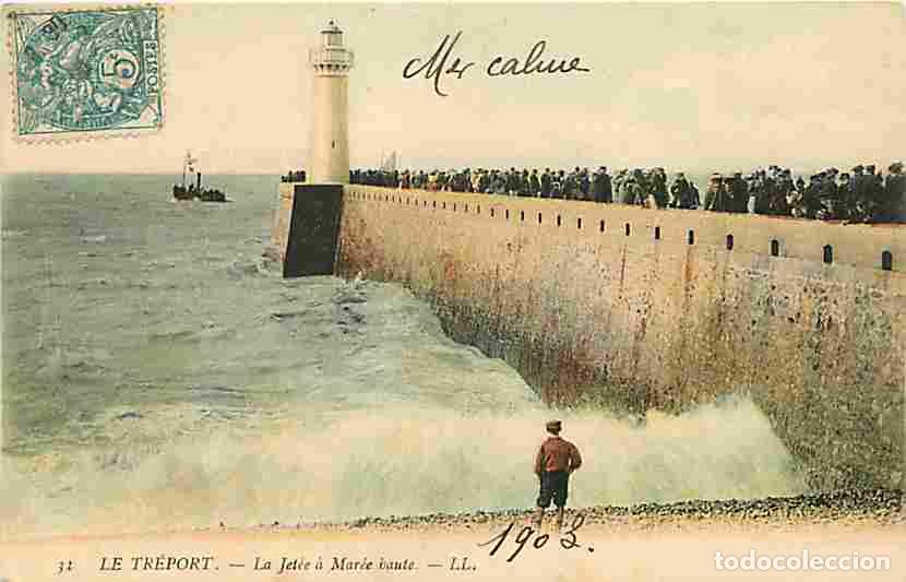 Postais: France - 76 - Le Tr&eacute;port - La Jet&eacute;e &agrave; Marais haute - Anim&eacute;e - Coloris&eacute;e - Oblit&eacute;ration ronde de 1903