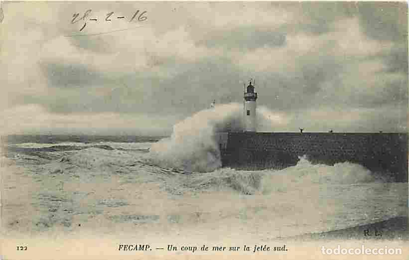 Cartoline: France - 76 - F&eacute;camp - Un coup de mer sur la jet&eacute;e sud - Effet de Vagues - Oblit&eacute;ration ronde de 191