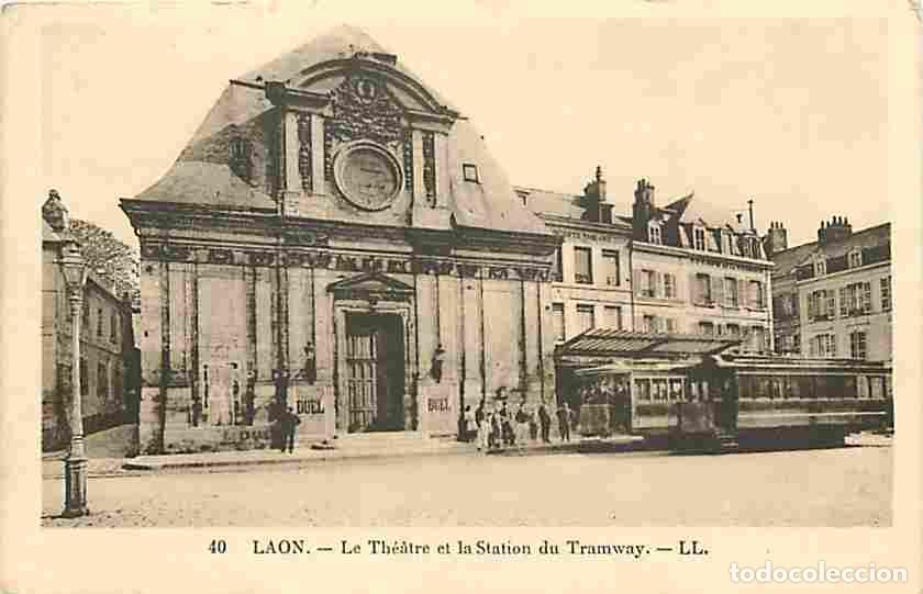 Postcards: France - 02 - Laon - Le Th&eacute;&acirc;tre et la Station du Tramway - Anim&eacute;e - Correspondance - Voyag&eacute;e en 1937