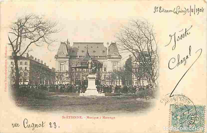 Cartoline: France - 42 - Saint Etienne - Musique &agrave; Marengo - Anim&eacute;e - Pr&eacute;curseur - Oblit&eacute;ration ronde de 1904 -