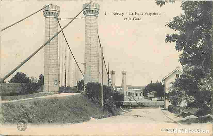 Postales: France - 70 - Gray - Le Pont suspendu et la Gare - Correspondance - Oblit&eacute;ration ronde de 1915 - CPA