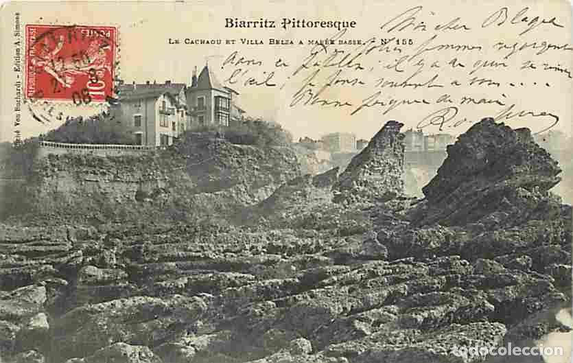 Cartes Postales: France - 64 - Biarritz - Le Cachaou et Villa Belza &agrave; mar&eacute;e basse - Oblit&eacute;ration ronde de 1908 - CPA