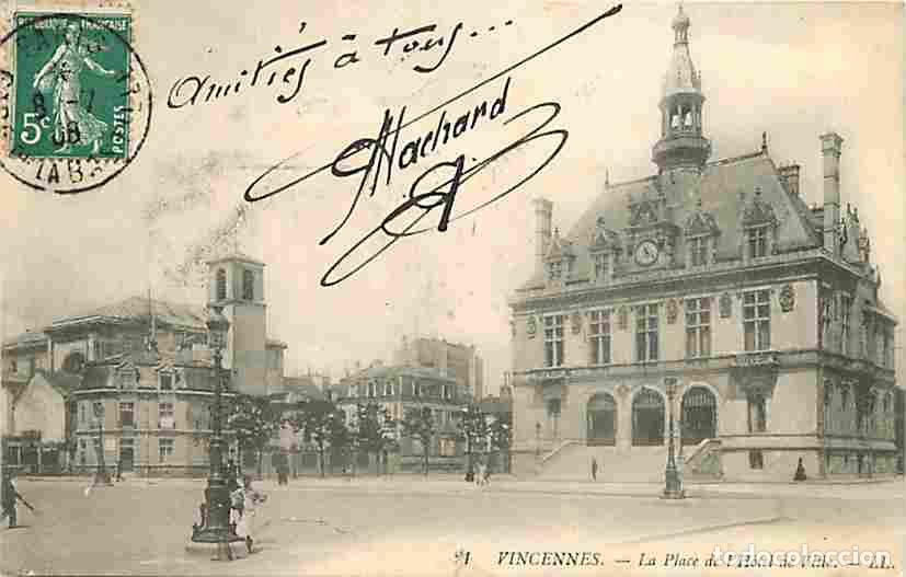Postkarten: France - 94 - Vincennes - La Place de l'H&ocirc;tel de Ville - Anim&eacute;e - Oblit&eacute;ration ronde de 1908 - CPA -