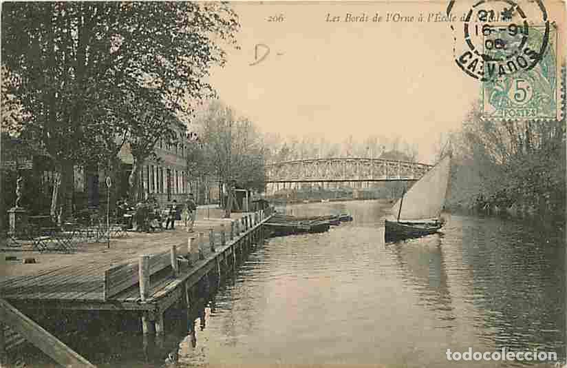 Postais: France - 14 - Caen - Les bords de l'Orne &agrave; l'&eacute;cole de Voile - Anim&eacute;e - Oblit&eacute;ration ronde de 1906 -