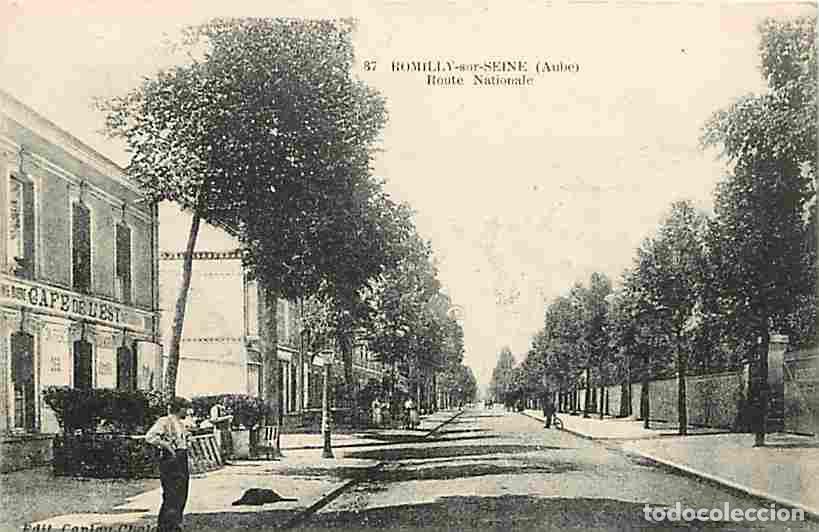 Cartoline: France - 10 - Romilly sur Seine - Route Nationale - Anim&eacute;e - Caf&eacute; de l'Est - Voyag&eacute;e en 1918 - CPA -
