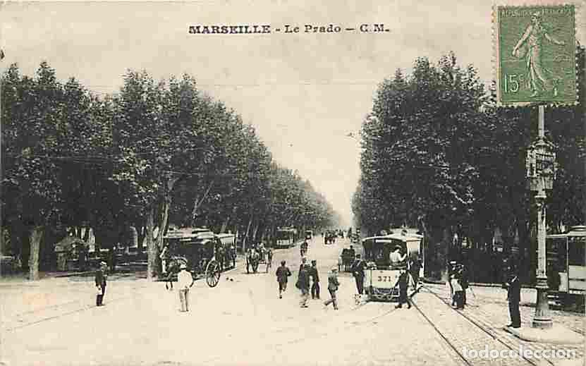 Cartoline: France - 13 - Marseille - Le Prado vu de la Plage - Anim&eacute;e - Tramway - Voyag&eacute;e en 1918 - CPA - Voir