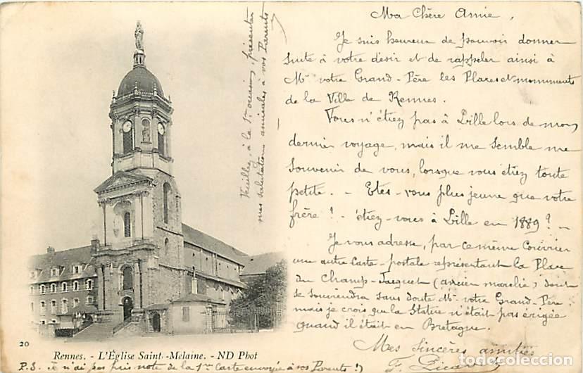 Postales: France - 35 - Rennes - L'Eglise Sainte M&eacute;laine - Pr&eacute;curseur - Oblit&eacute;ration ronde de 1904 - Etat l&eacute;ge