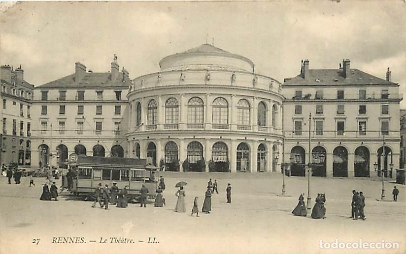 Postales: France - 35 - Rennes - Le Th&eacute;&acirc;tre - Anim&eacute;e - Tramway - Oblit&eacute;ration ronde de 1908 - Etat l&eacute;ger pli v