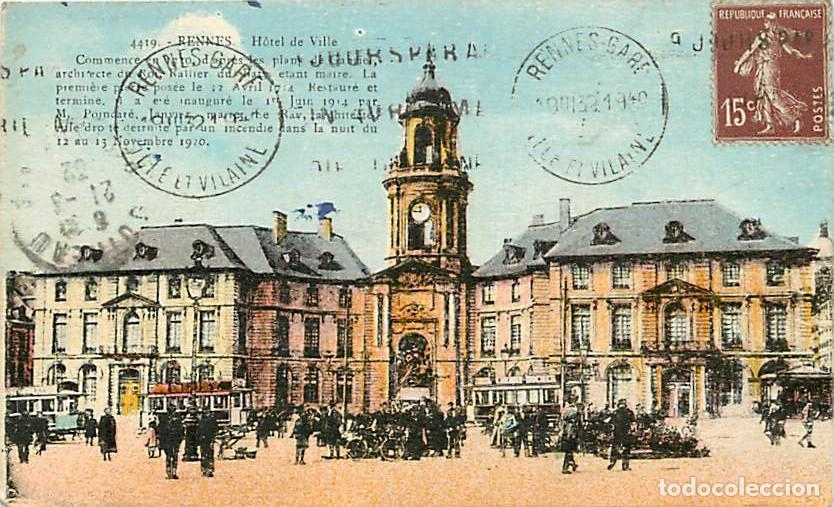 Cartoline: France - 35 - Rennes - L'Hotel de Ville - Coloris&eacute;e - Anim&eacute;e - Oblit&eacute;ration ronde de 1932 - CPA - Vo
