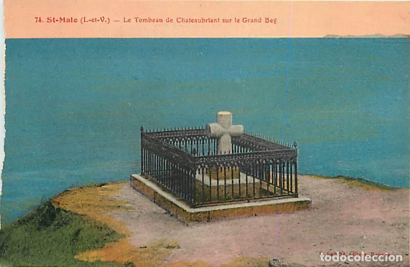 Postais: France - 35 - Saint Malo - Le Tombeau de Chateaubriant sur le Grand Bey - Coloris&eacute;e - Etat mal d&eacute;cou
