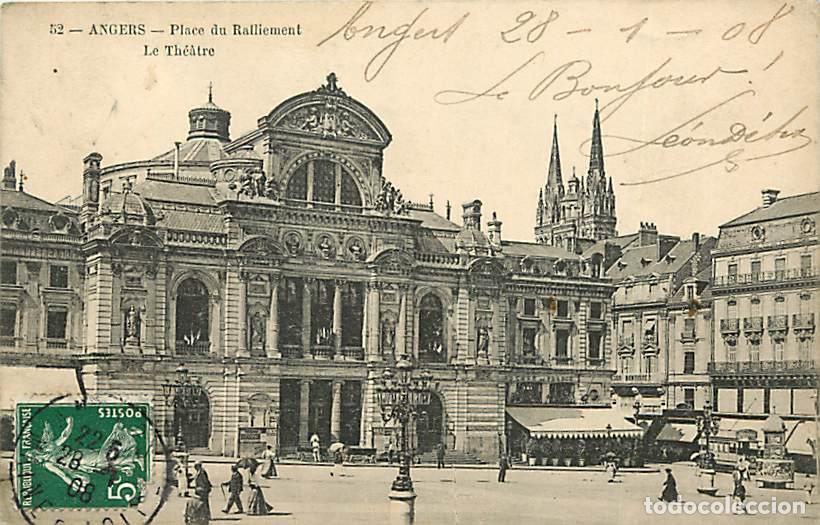 Postales: France - 49 - Angers - Place du Ralliement, le Th&eacute;&acirc;tre - Anim&eacute;e - Oblit&eacute;ration ronde de 1908 - Etat