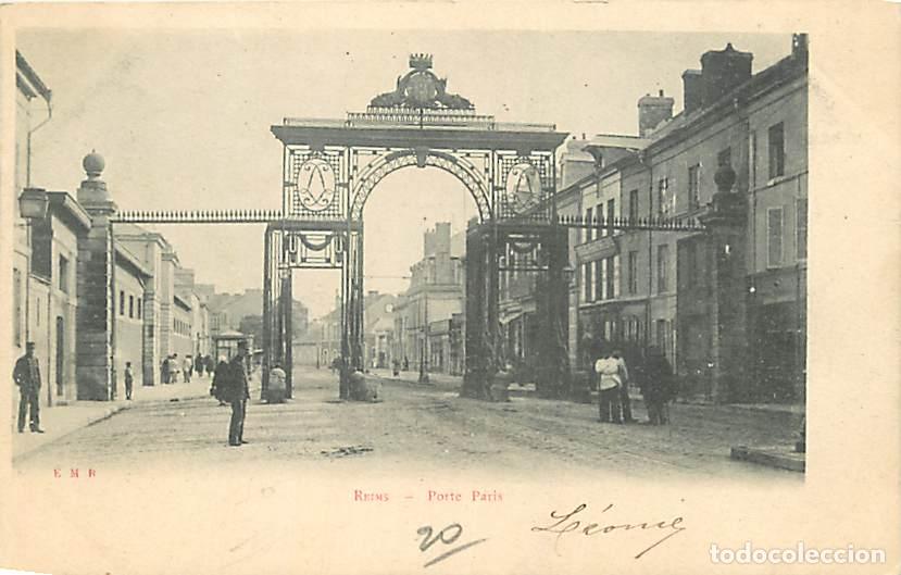 Cartoline: France - 51 - Reims - Porte Paris - Anim&eacute;e - Pr&eacute;curseur - Oblit&eacute;ration ronde de 1902 - CPA - Voir Sc