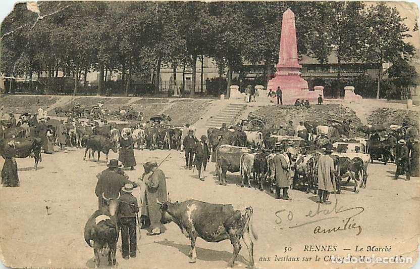 Postais: France - 35 - Rennes - Le March&eacute; aux Bestiaux sur le champ de Mars - Anim&eacute;e - Vaches - Etat mauvais