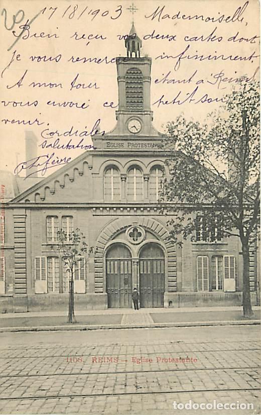 Postkarten: France - 51 - Reims - Eglise Protestante - Anim&eacute;e - Pr&eacute;curseur - Oblit&eacute;ration ronde de 1903 - CPA -