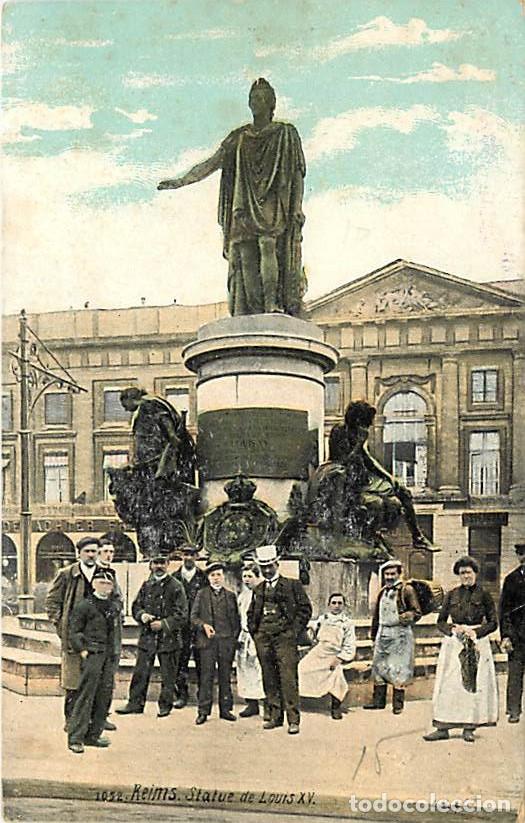 Postkarten: France - 51 - Reims - Statue de Louis XV - Anim&eacute;e - Coloris&eacute;e - Publicit&eacute; Poulain au verso - CPA - V