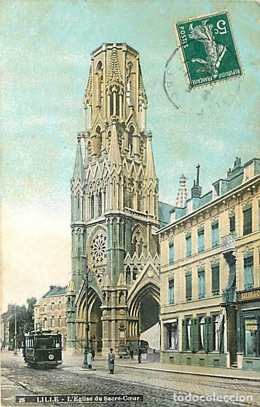 Cartes Postales: France - 59 - Lille - Eglise du Sacr&eacute; Coeur - Anim&eacute;e - Coloris&eacute;e - Tramway - Oblit&eacute;ration ronde de 1