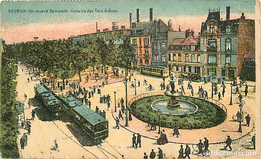Cartes Postales: France - 59 - Roubaix - Boulevard Gambetta - Fontaine des Trois Graces - Coloris&eacute;e - Etat pli visibl