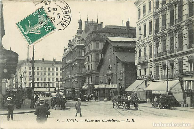 Postkarten: France - 69 - Lyon - Place des Cordeliers - Anim&eacute;e - Automobiles - Oblit&eacute;ration ronde de 1909 - CPA