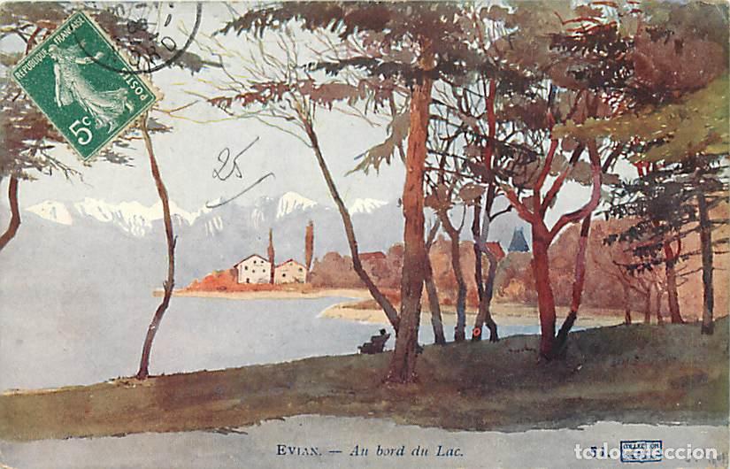 Postkarten: France - 74 - Evian les Bains - Au bord du Lac L&eacute;man - Coloris&eacute;e - Etat l&eacute;ger pli visible - CPA - Vo