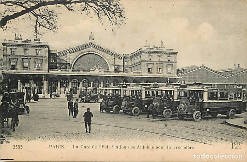 Postales: France - 75 - Paris - La Gare de l'Est, Station des Autobus pour le Trocad&eacute;ro - Anim&eacute;e - Automobiles