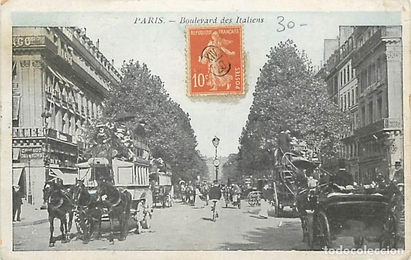 Cartoline: France - 75 - Paris - Boulevard des Italiens - Anim&eacute;e - Chevaux - Attelage - Cal&egrave;che - Oblit&eacute;ration