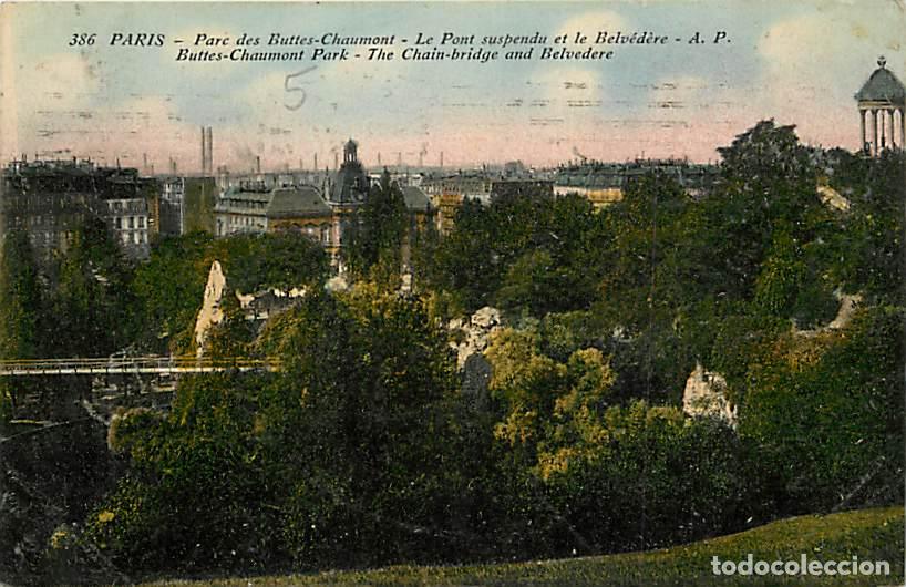 Postales: France - 75 - Paris - Parc des Buttres Chaumont - Le Pont suspendu et le Belv&eacute;d&egrave;re - Coloris&eacute;e - CPA