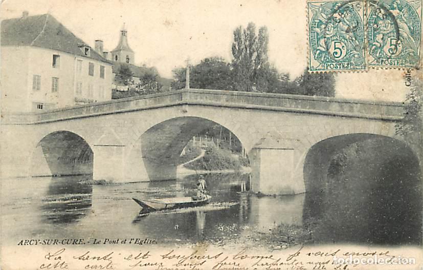 Cartes Postales: France - 89 - Arcy sur Cure - Le Pont et l'Eglise - Anim&eacute;e - Canotage - Pr&eacute;curseur - Etat l&eacute;ger pli