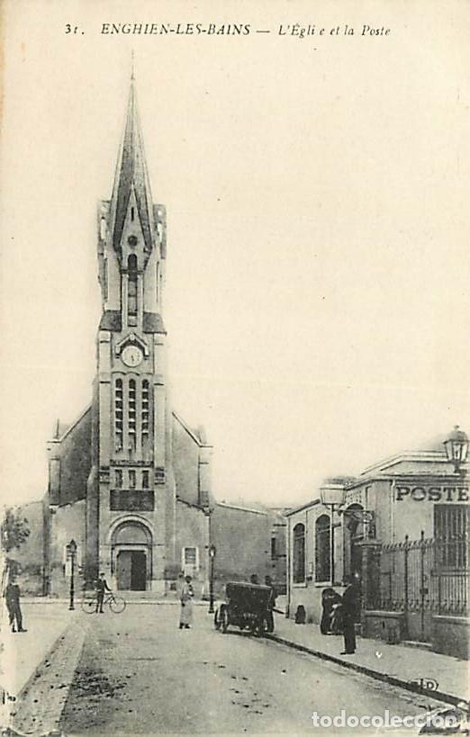 Postais: France - 95 - Enghien les Bains - L'Eglise et la Poste - Anim&eacute;e - Automobiles - CPA - Voir Scans Rec