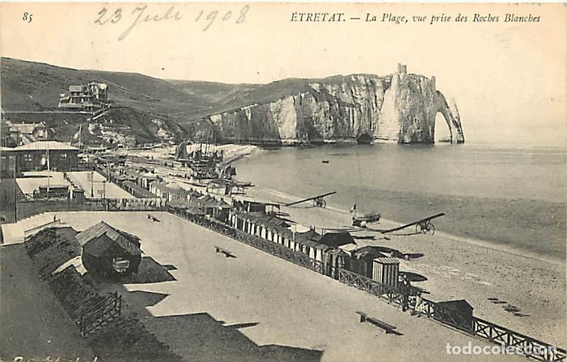 Postais: France - 76 - Etretat - La Plage, vue prise des Roches Blanches - Correspondance - Oblit&eacute;ration rond