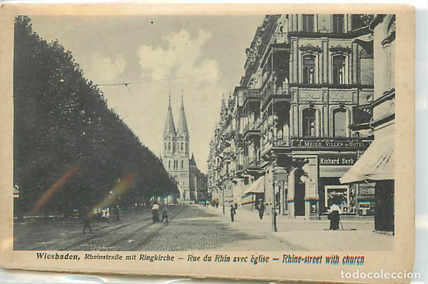Postais: Allemagne - Wiesbaden - Rheinstrasse - Rue du Rhin avec &eacute;glise - Anim&eacute;e - Etat carte qui commence &agrave;
