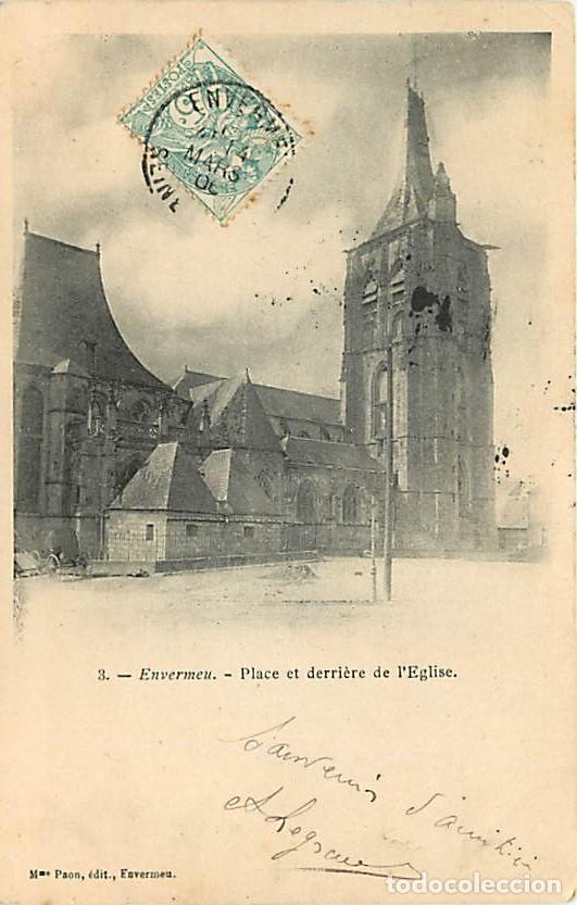 Cartoline: France - 76 - Envermeu - Place et Derri&egrave;re l'Eglise - Pr&eacute;curseur - Oblit&eacute;ration ronde de 1906 - CPA