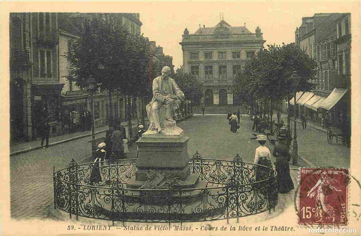 Postais: France - 56 - Lorient - Statue de Victor Mase - Cours de la Bove et le Th&eacute;atre - Anim&eacute;e - CPA - Obli