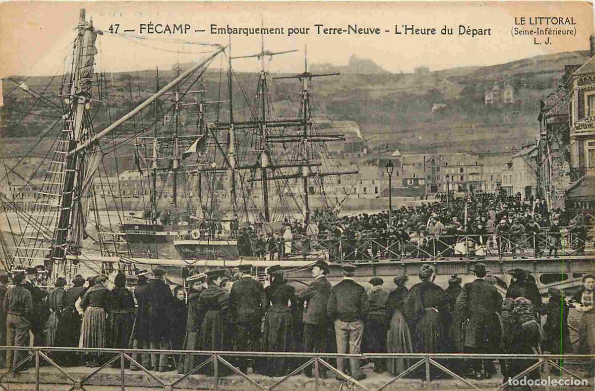 Cartoline: France - 76 - F&eacute;camp - Embarquement pour Terre-Neuve - L'Heure du D&eacute;part - Anim&eacute;e - Bateaux - CPA -