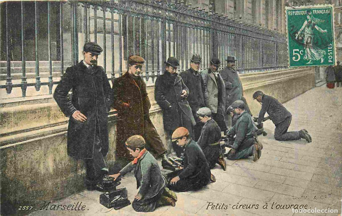 Postkarten: France - 13 - Marseille - Petits cireurs &agrave; l'ouvrage - Anim&eacute;e - Coloris&eacute;e - Enfants - M&eacute;tiers - CPA