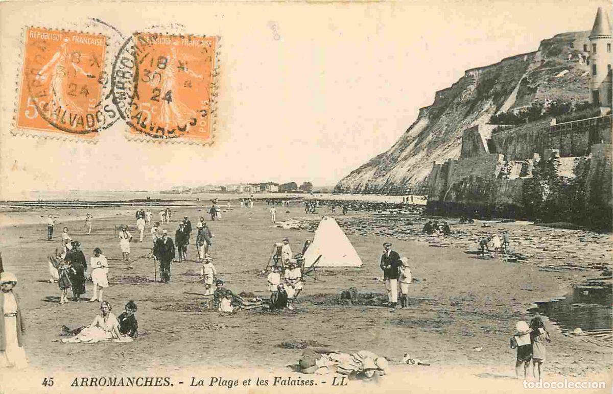Cartes Postales: France - 14 - Arromanches - La Plage et les Falaises - Anim&eacute;e - Sc&egrave;nes de Plage - CPA - Oblit&eacute;ration